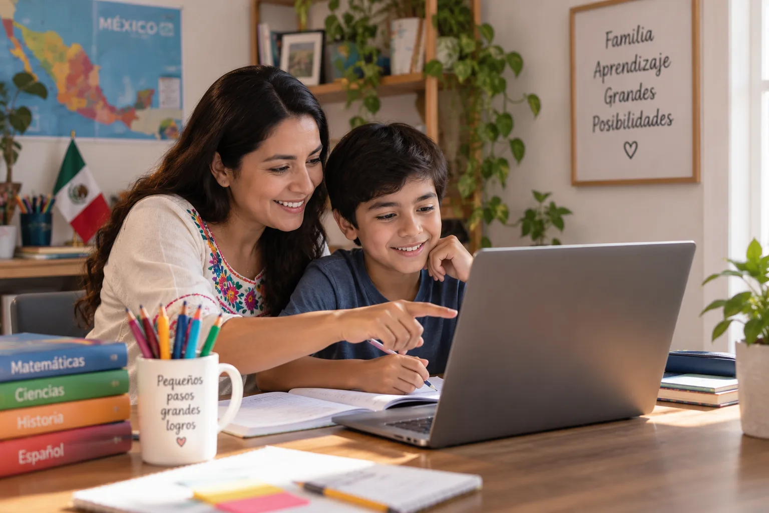 A parent and child in Mexico reviewing online schoolwork together at home