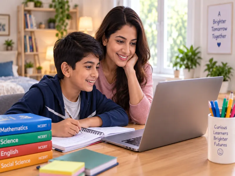 A mother and her Sunbeam World School middle school son studying the CBSE-aligned curriculum together at home with NCERT Mathematics, Science, English and Social Science textbooks and a laptop