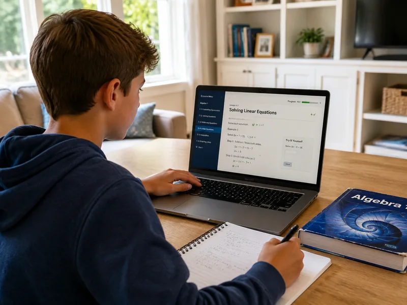 A Sunbeam World School student solving linear equations in an online Algebra 1 lesson