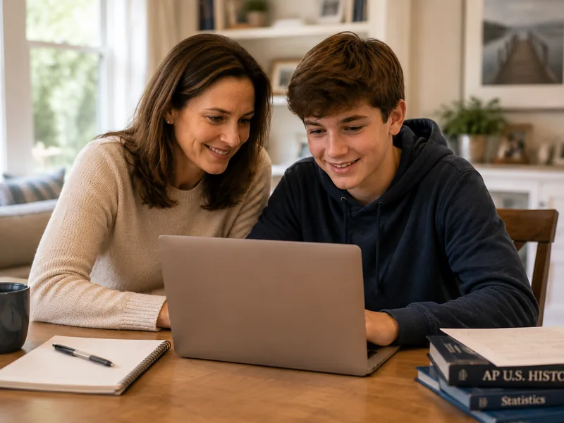 A parent and their Sunbeam World School middle school student reviewing the online school program together at home