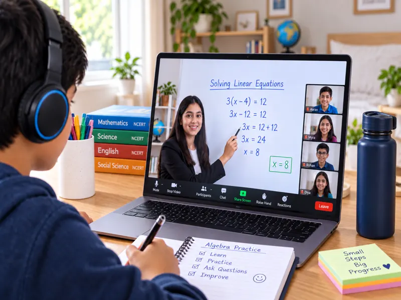 A Sunbeam World School middle school student in a live online class, watching a teacher solve a linear equation alongside classmates in the video gallery
