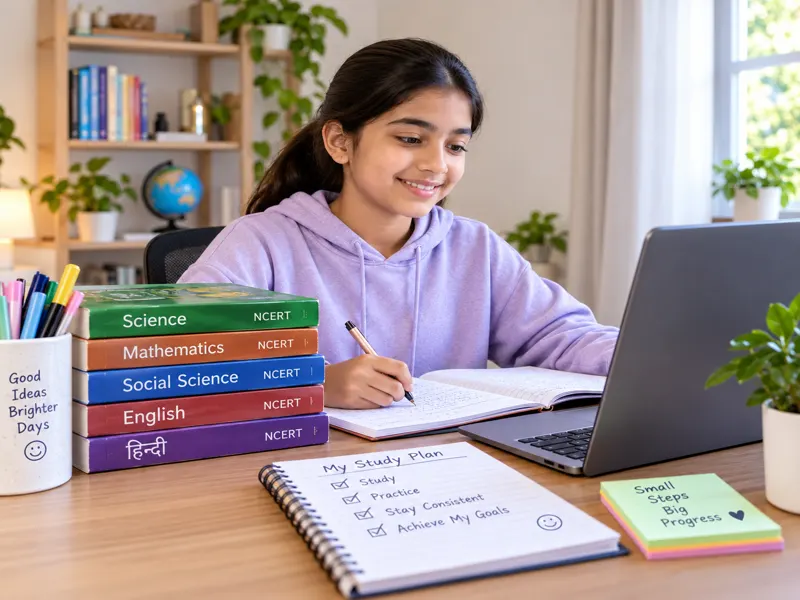A Sunbeam World School middle school student studying with NCERT textbooks and a written study plan, tracking progress toward term assessments