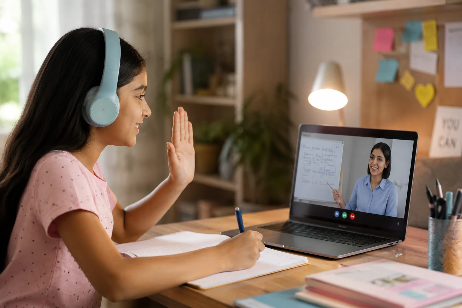 Mother supporting her daughter with homeschooling at home in Delhi