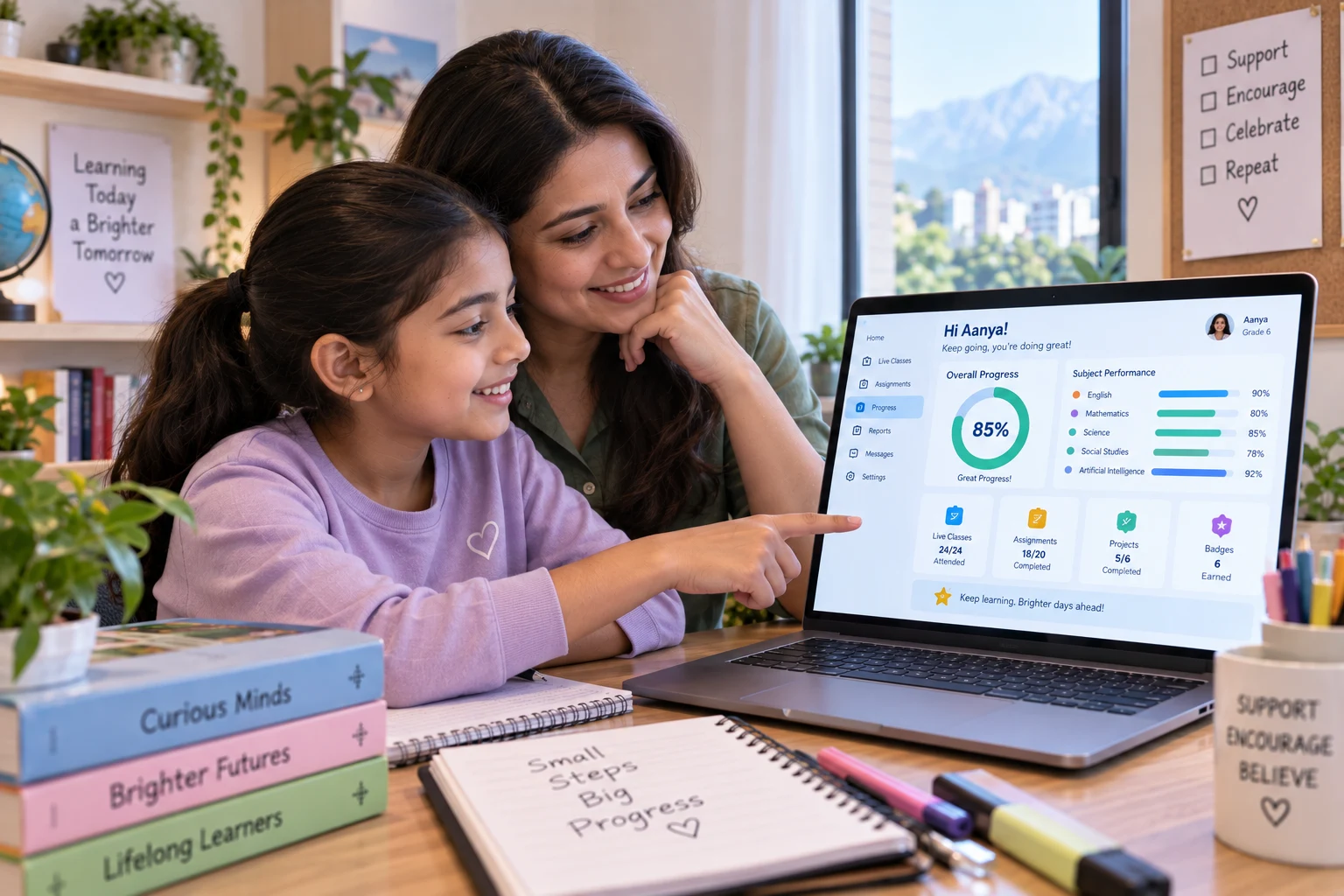 A mother and daughter reviewing academic progress together on a learning dashboard at home in Nepal