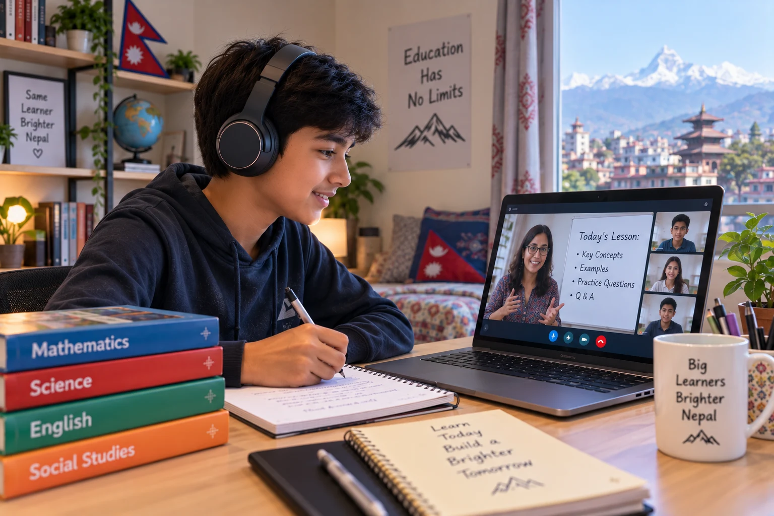 A student wearing headphones attending a live online class from home in Nepal, with the Kathmandu skyline and Himalayas visible through the window