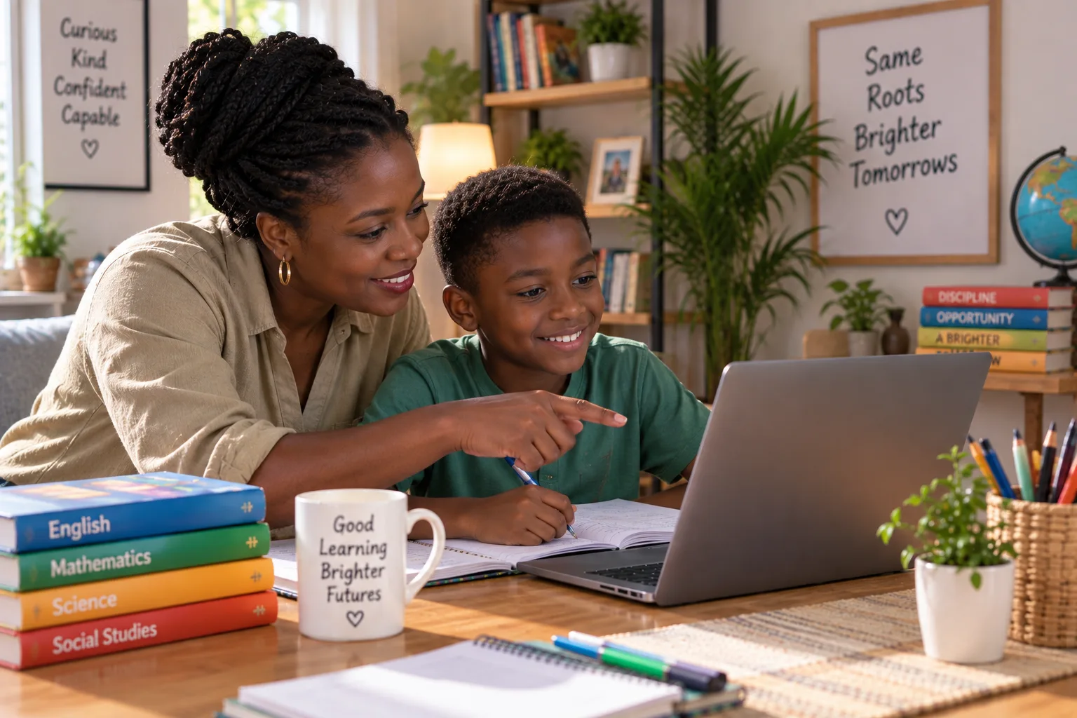 A parent and child in Nigeria reviewing online schoolwork together at home