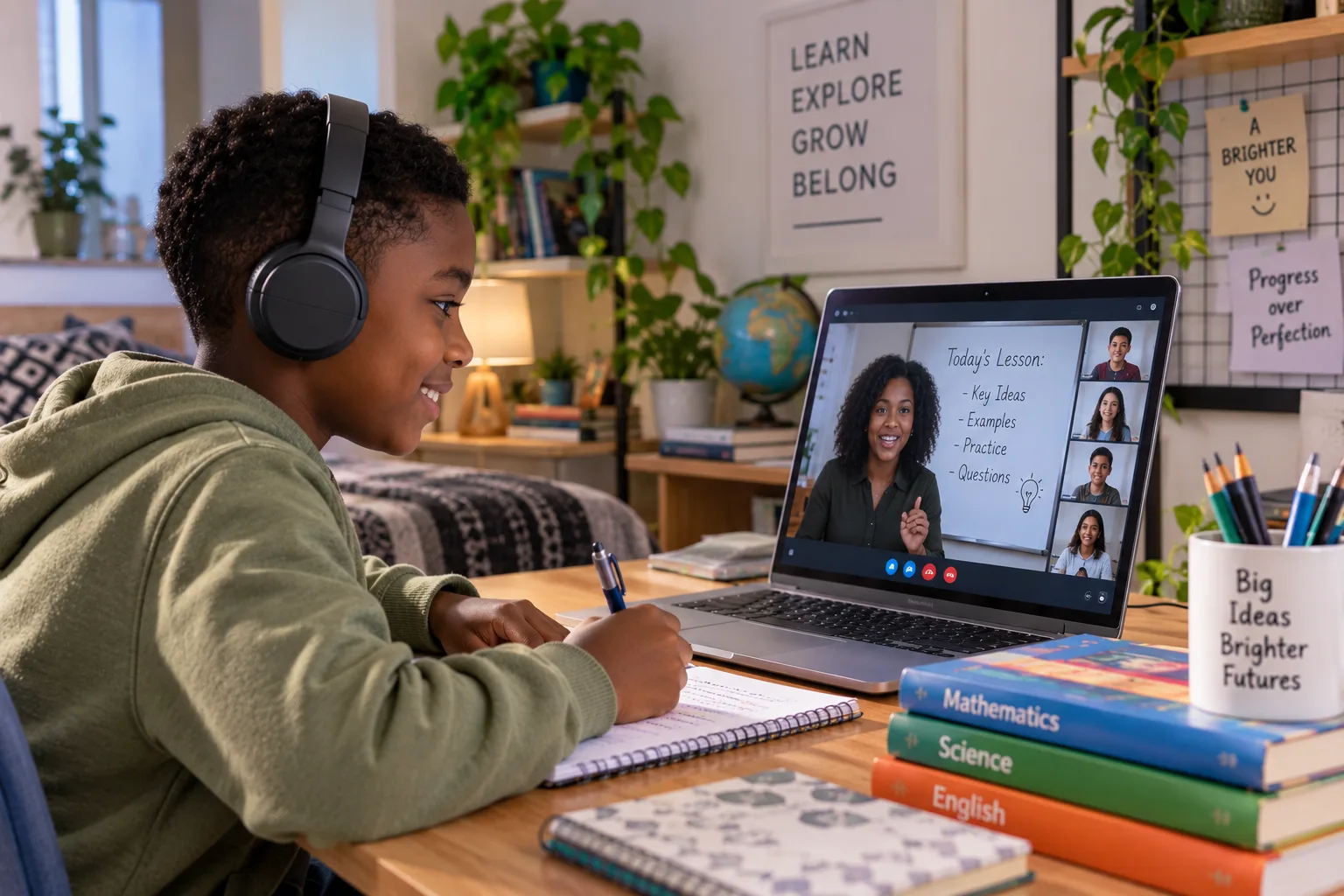 A student in Nigeria attending a live online class from home