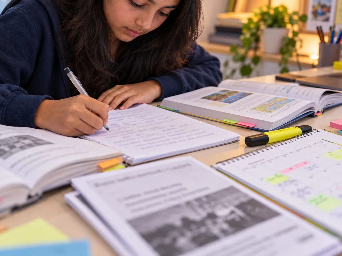 NIOS Class 10 learner writing a Tutor Marked Assignment with NIOS books open for exam preparation