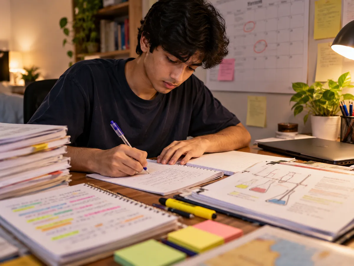NIOS Class 12 learner revising with past papers and a TMA before the NIOS board exam