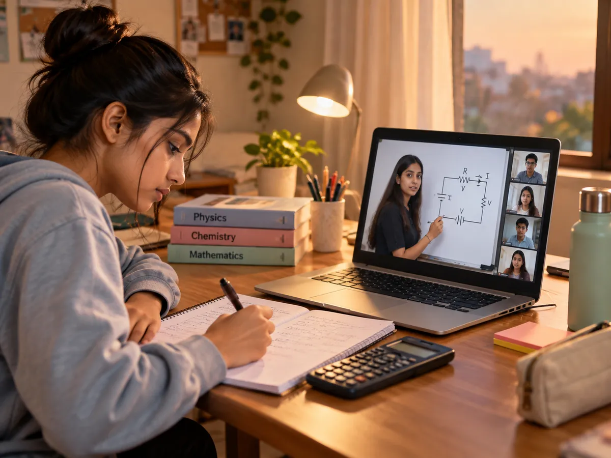 NIOS Class 12 student solving a physics circuit problem in a live online class with a subject teacher
