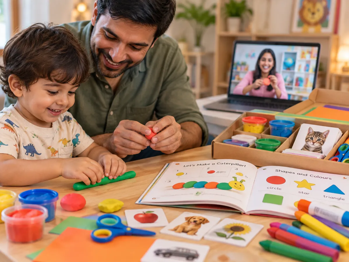 Nursery child shaping clay with his father, using the learning kit from online nursery school