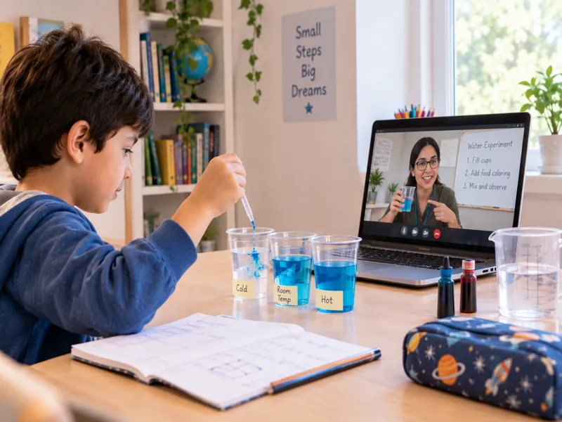 A Sunbeam World School elementary student raising his hand during a live online Math class, watching his teacher explain addition with an apple illustration