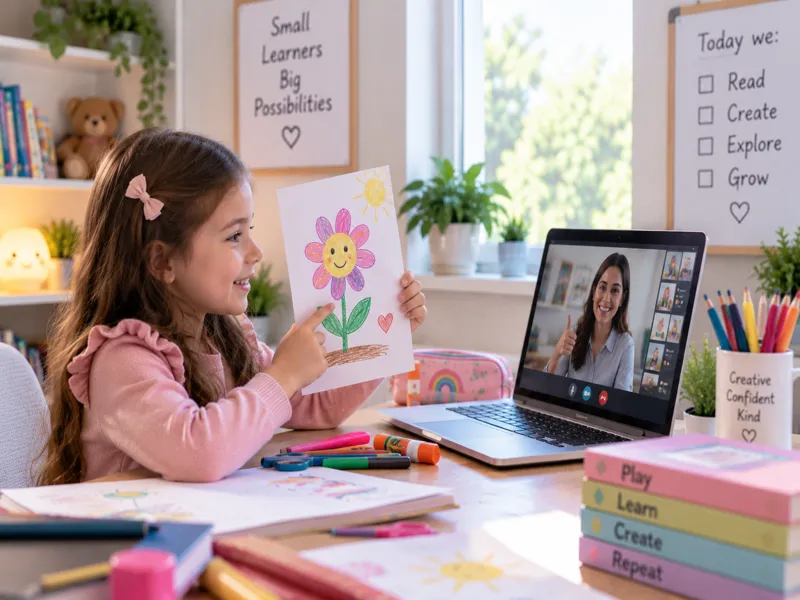 A Sunbeam World School Kindergarten student proudly showing her flower drawing to her teacher during a live video class