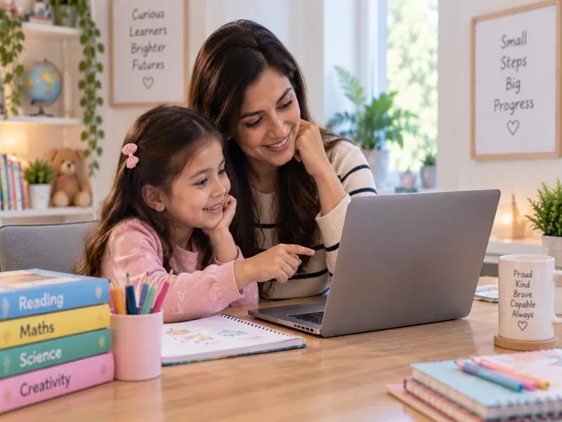 A Sunbeam World School Kindergarten student raising her hand during a live online class, watching her teacher hold up a phonics flashcard for the letter B