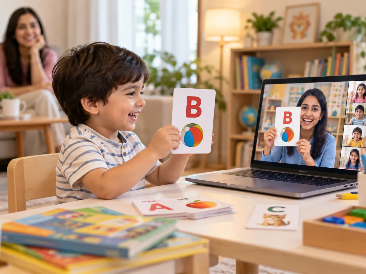 Four-year-old holding up a letter card to his teacher in a live online LKG class
