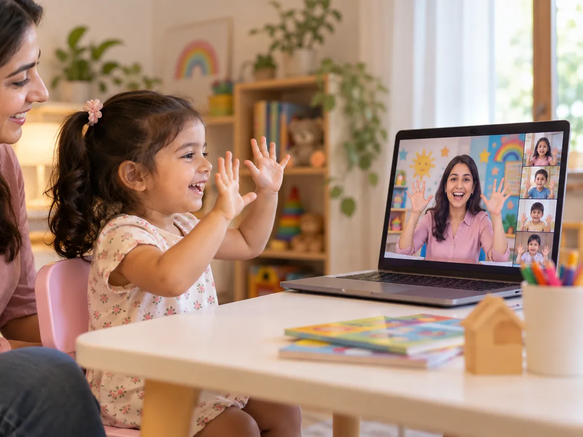 Three-year-old singing an action rhyme with her teacher in a live online nursery class