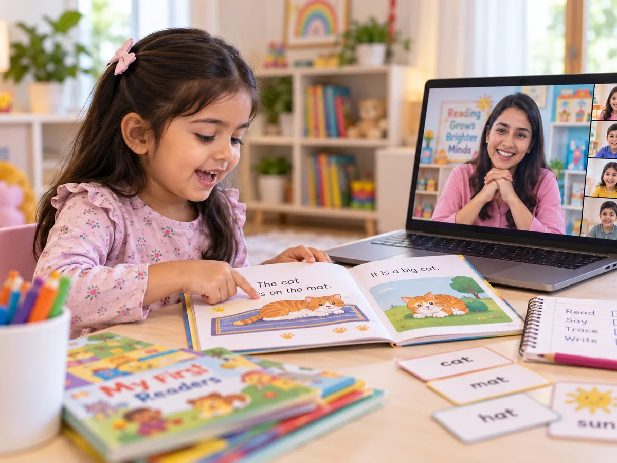 Five-year-old reading a short sentence aloud to her teacher in a live online UKG class