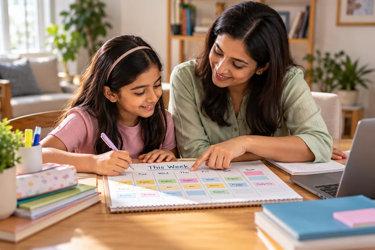 Parent and child planning an online home schooling routine together