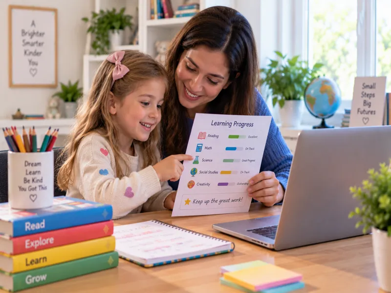 A mother and her Sunbeam World School daughter reviewing a Learning Progress report together, showing scores across Reading, Math, Science, Social Studies and Creativity