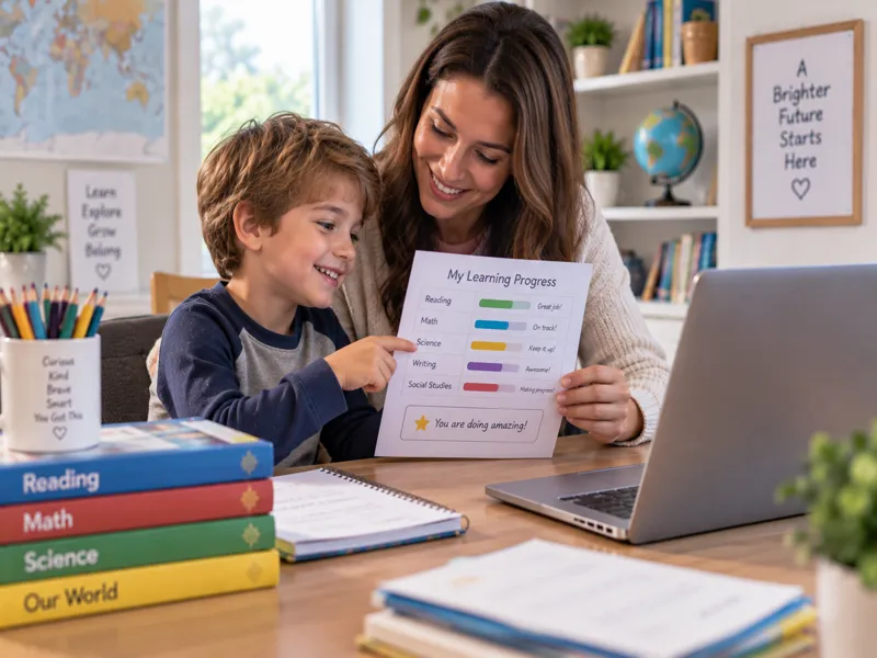A mother and her Sunbeam World School son reviewing his Learning Progress report together on a laptop at home