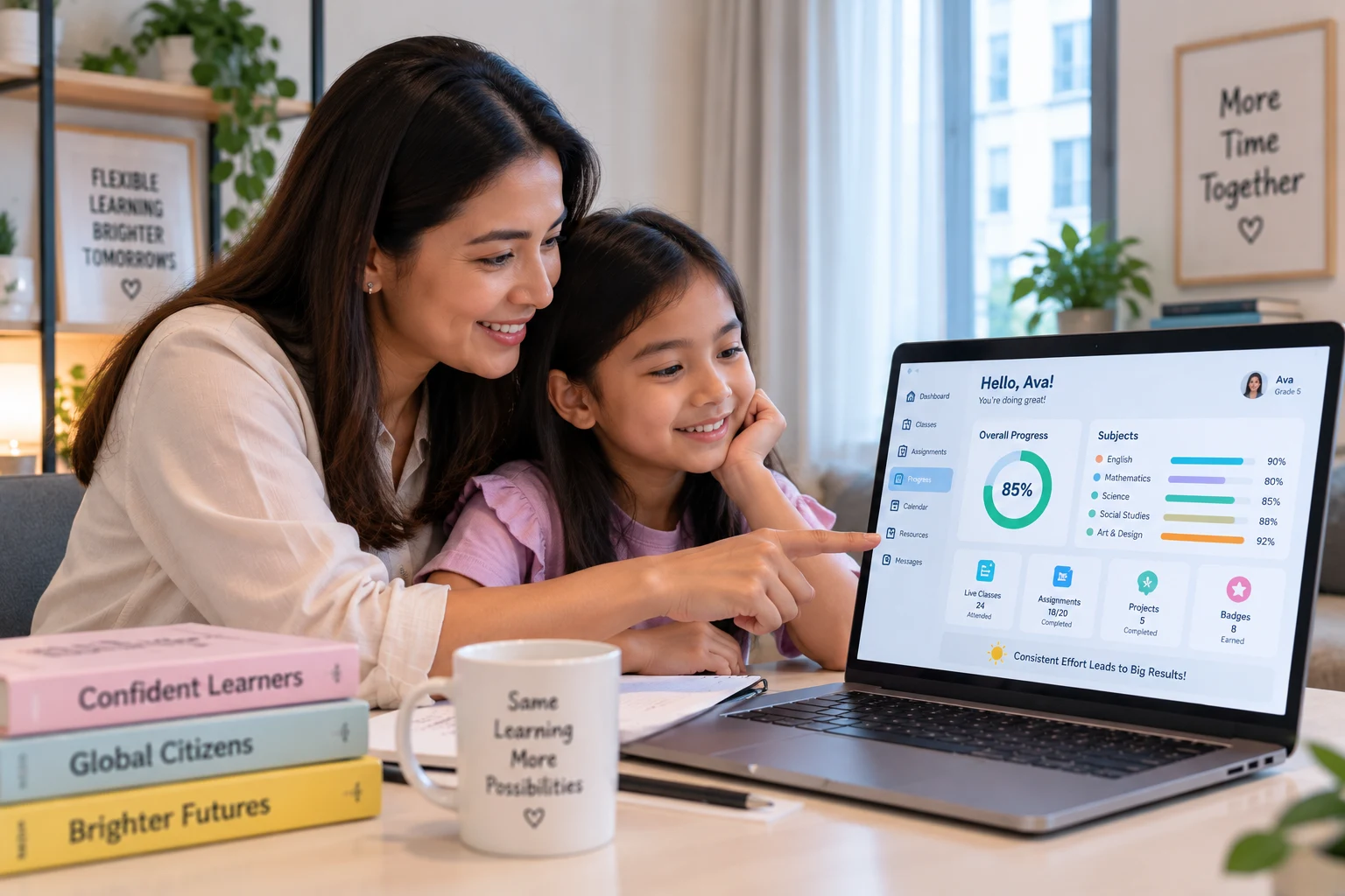 A mother and daughter reviewing academic progress together on a learning dashboard at home in the Philippines