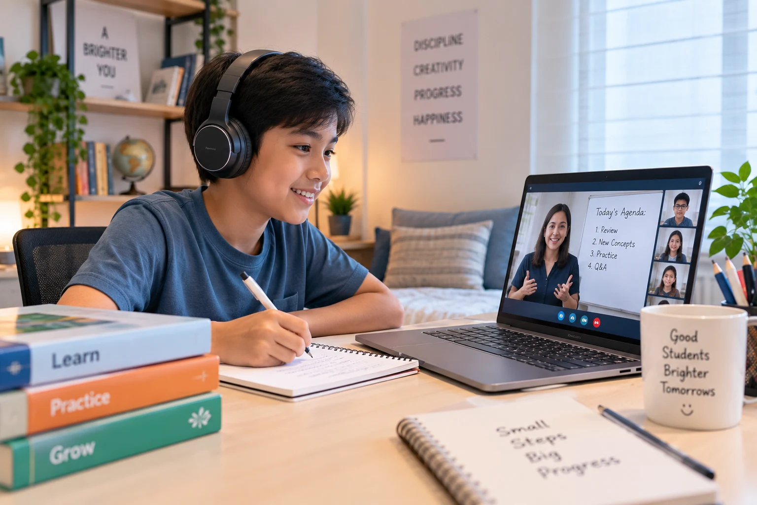 A student wearing headphones attending a live online class from home in the Philippines