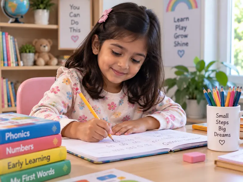 A UKG child writing in a notebook at home, practising handwriting and early sentence formation for Class 1 readiness