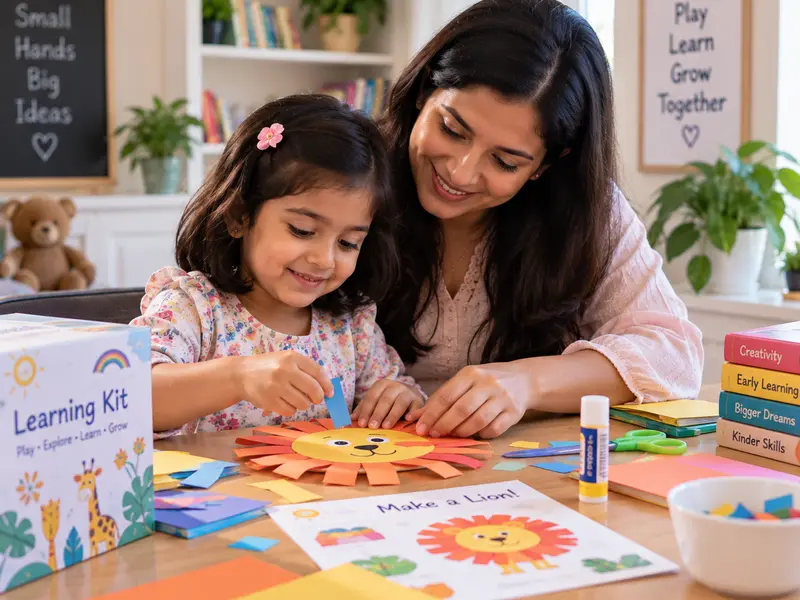 A parent and their young child doing a craft activity from the Sunbeam World School learning kit at home
