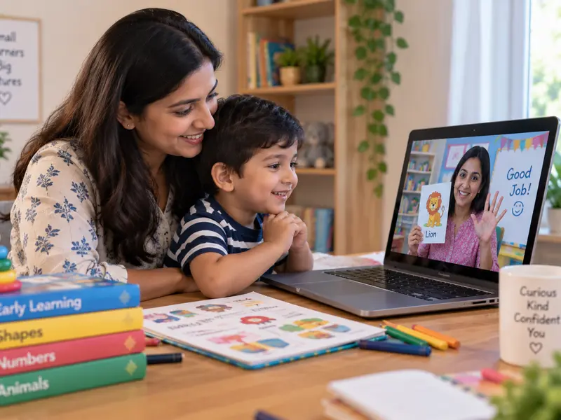 A young child attending a live online pre primary class at Sunbeam World School, singing rhymes with their teacher on screen