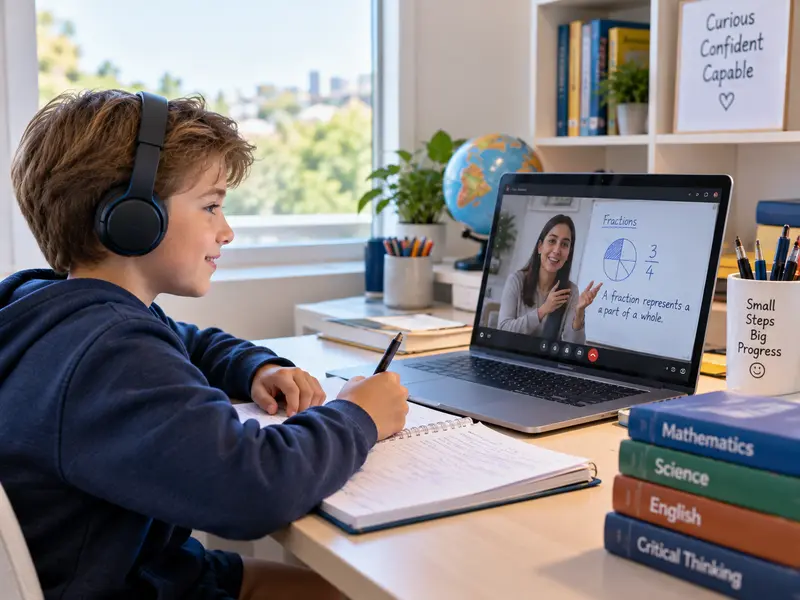 A primary school student working through an Australian curriculum lesson in a live online class at home
