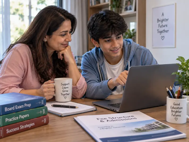 A parent and their primary school child reviewing schoolwork together at home