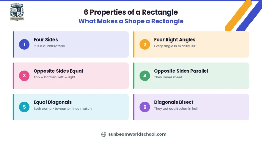 Six properties of a rectangle: four sides, four right angles, equal and parallel opposite sides, equal diagonals that bisect each other