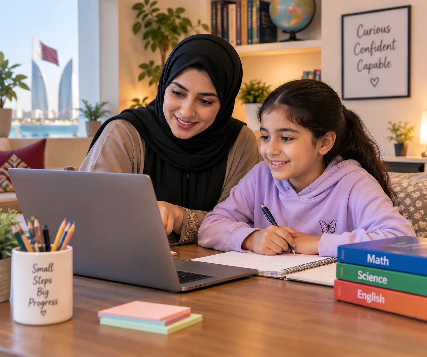 A mother and daughter in Qatar reviewing online schoolwork together at home, with the Doha skyline and Qatar flag visible through the window
