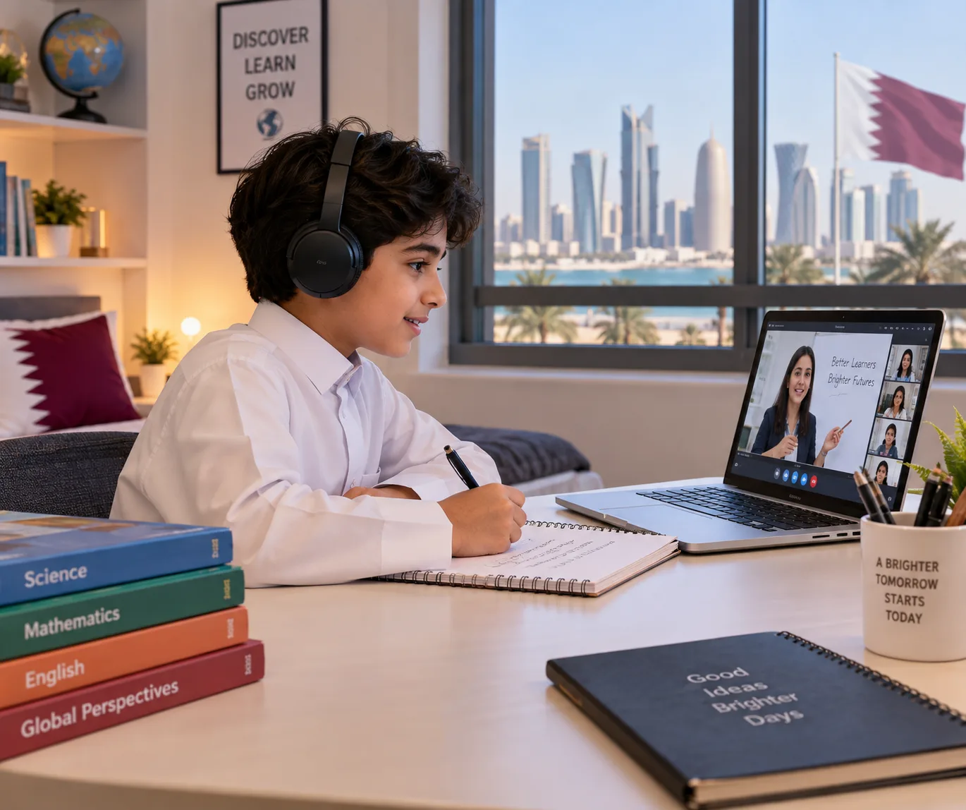 A student in Qatar attending a live online class from home, with the Doha skyline and Qatar flag visible through the window