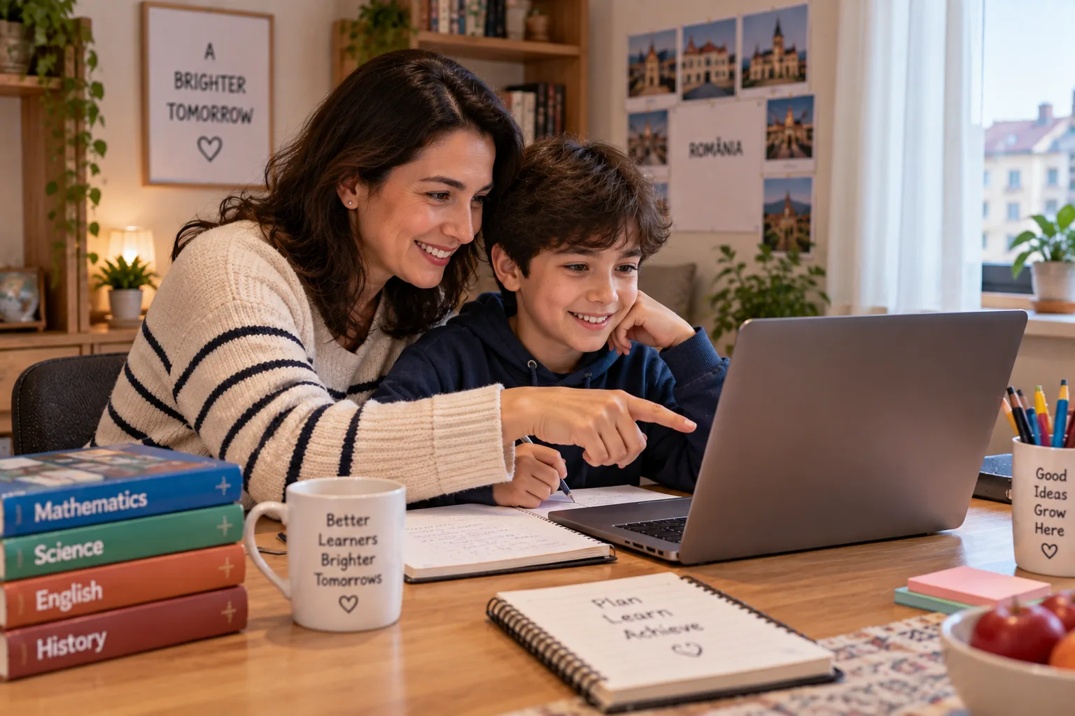A mother and son in Romania reviewing online schoolwork together at home