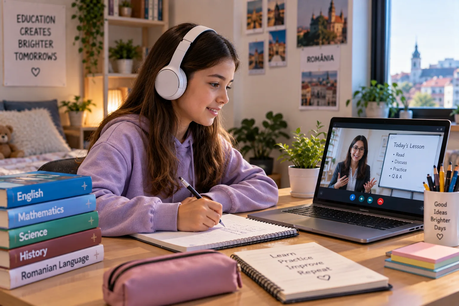 A student in Romania attending a live online class from home