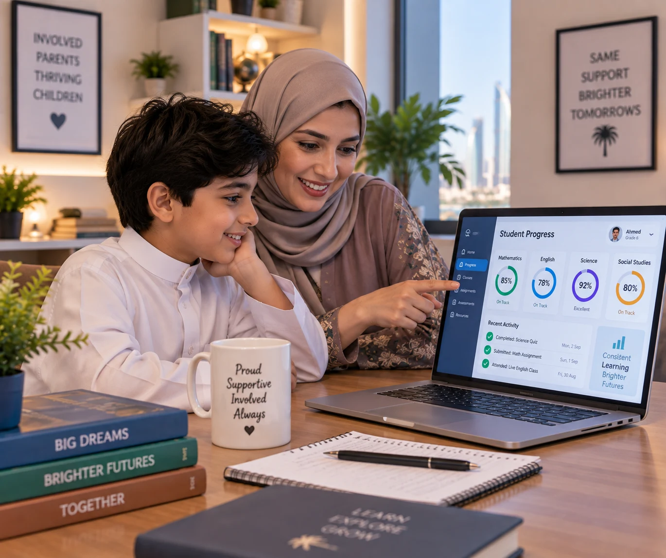 A parent and child reviewing academic progress together in Saudi Arabia