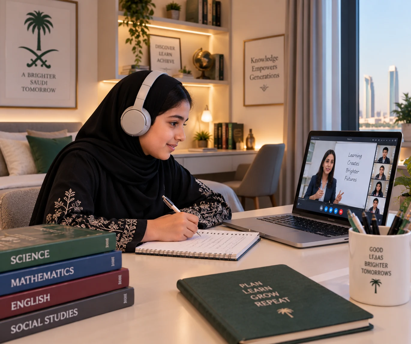A student attending a live online class from home in Saudi Arabia
