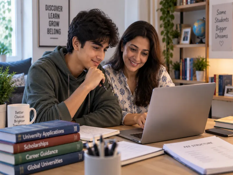 A mother and her Sunbeam World School son reviewing the fee structure document together on a laptop at home
