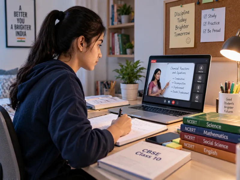 A Sunbeam World School Class 10 student in a live online secondary class, watching a teacher explain chemical reactions and equations alongside classmates in the video gallery