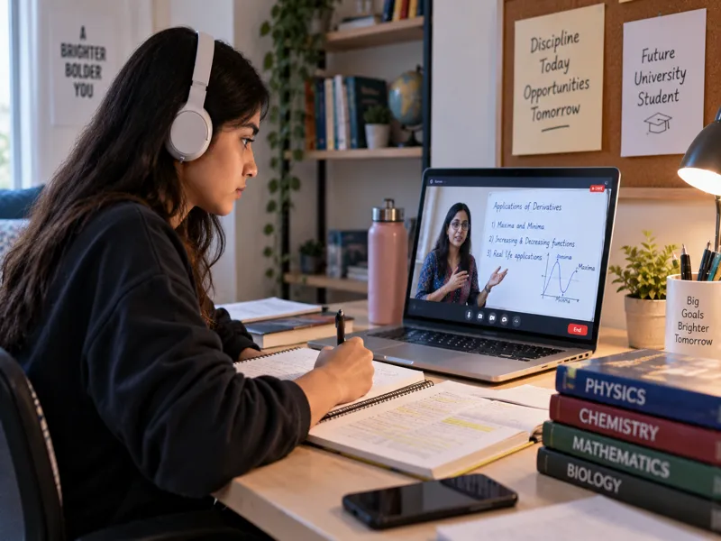 A Sunbeam World School student wearing headphones in a live class, watching a teacher explain applications of derivatives, with Physics, Chemistry, Mathematics and Biology textbooks on the desk