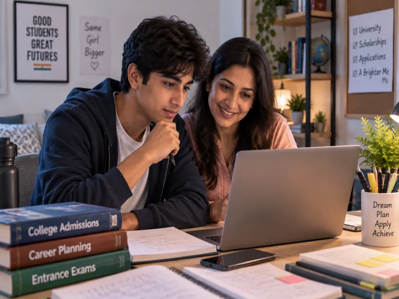 A mother and her Sunbeam World School son reviewing his academic progress together on a laptop, with college admissions and career planning books on the desk
