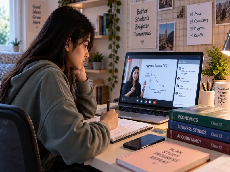 A Sunbeam World School Class 12 student in a live Economics class, watching a teacher explain aggregate demand with live chat visible alongside Class 12 Economics, Business Studies and Accountancy textbooks