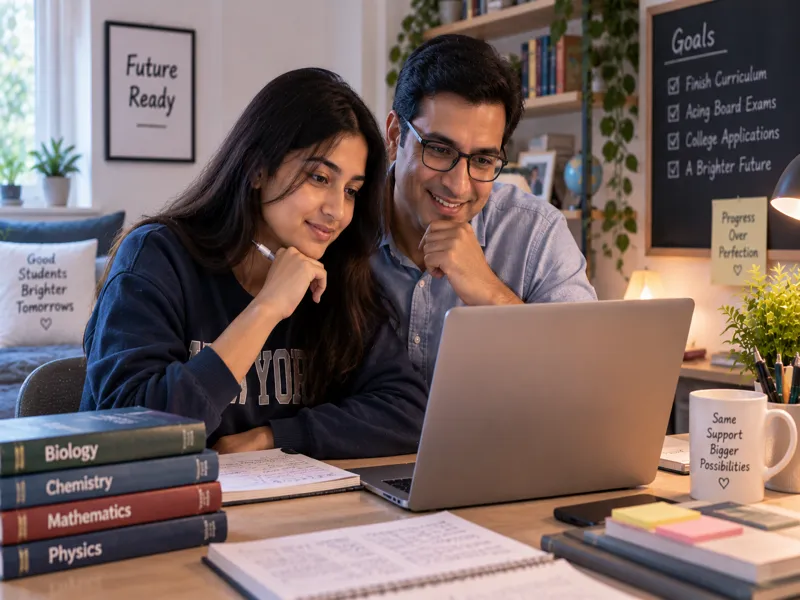 A father and his Sunbeam World School daughter reviewing coursework together on a laptop, with Biology, Chemistry, Mathematics and Physics textbooks on the desk