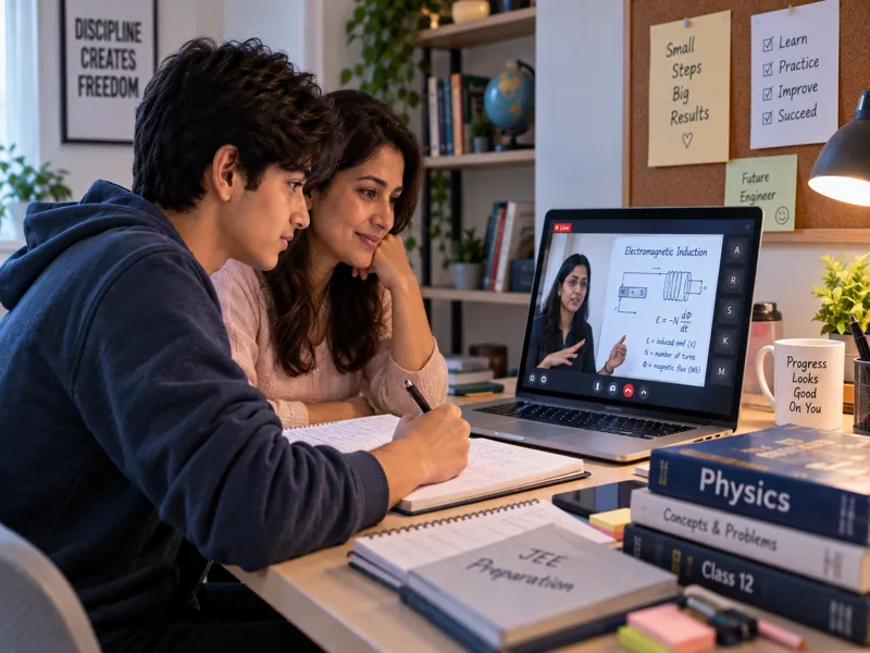 A mother and her Sunbeam World School son watching a live Physics class on electromagnetic induction together, with a JEE Preparation book and Physics textbooks on the desk