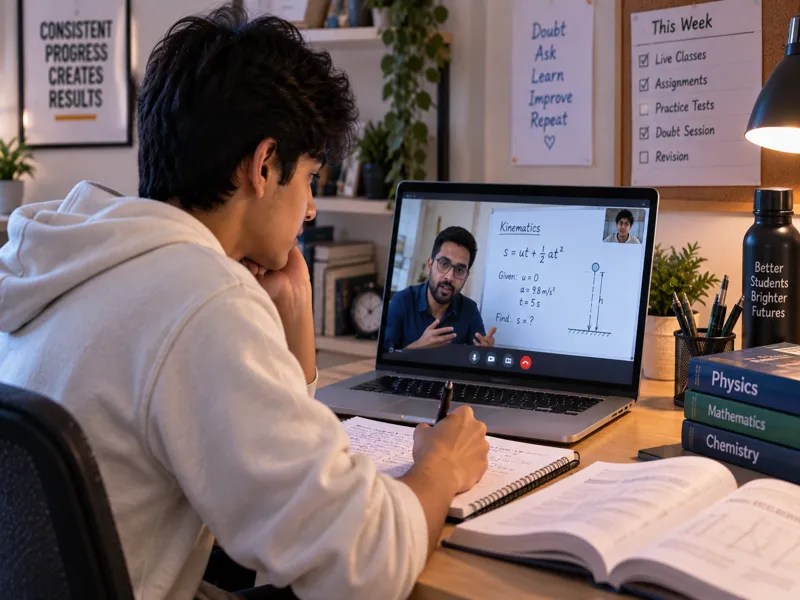 A Sunbeam World School student in a live Physics doubt-clearing session, watching a teacher solve a kinematics problem on screen with Physics, Mathematics and Chemistry textbooks on the desk