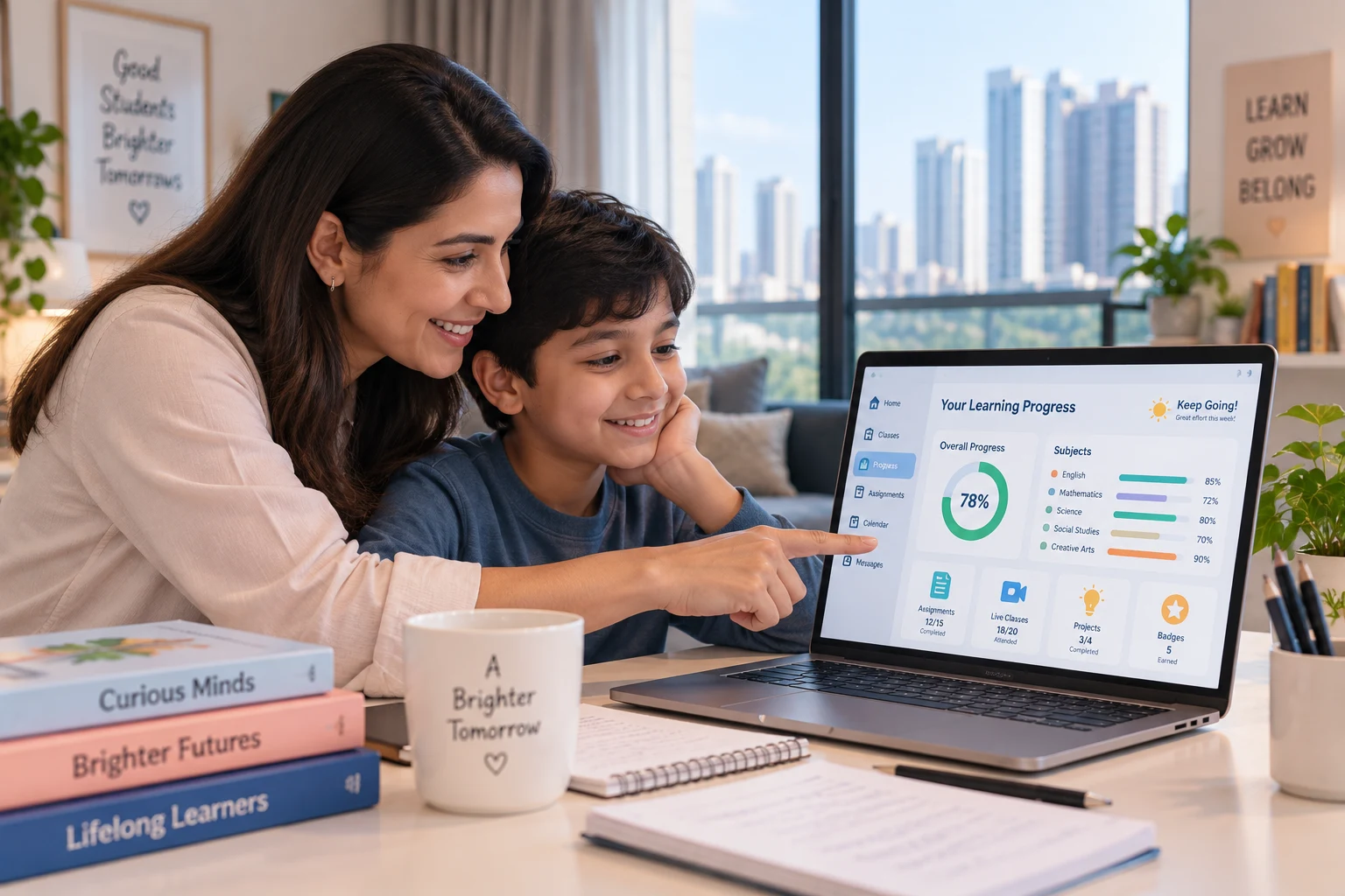 A mother and son reviewing academic progress together on a learning dashboard, with the Singapore skyline in the background