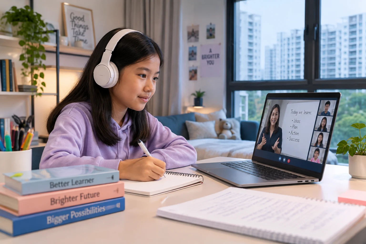 A student wearing headphones attending a live online class from home in Singapore, with the city skyline visible through the window