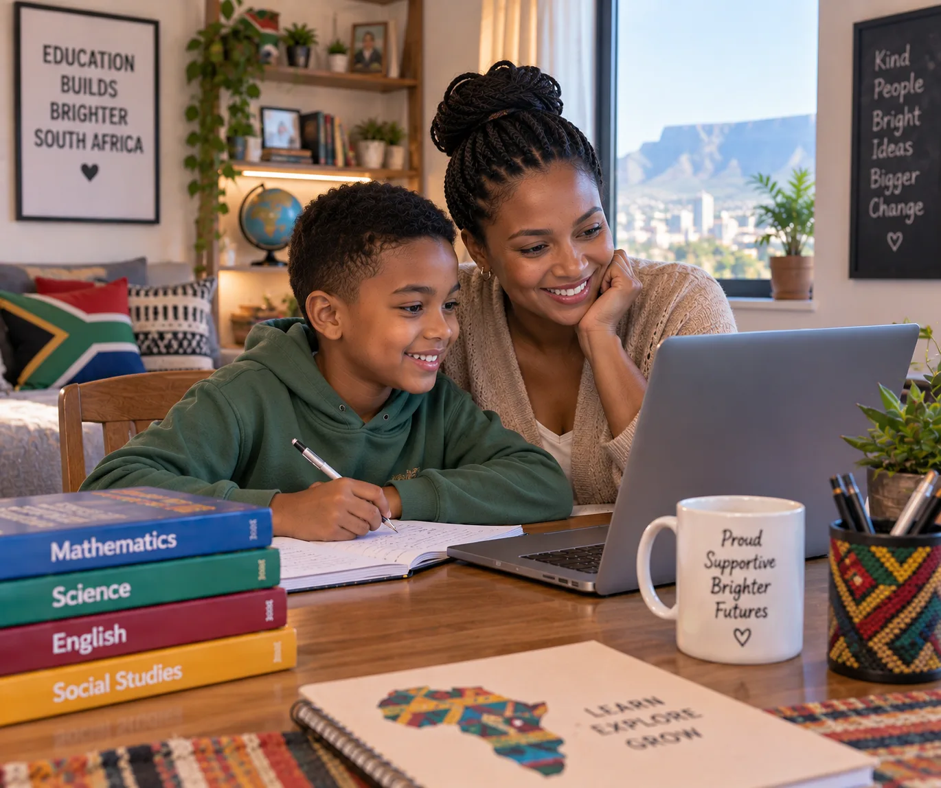 A mother and son in South Africa reviewing online schoolwork together at home, with Table Mountain visible through the window