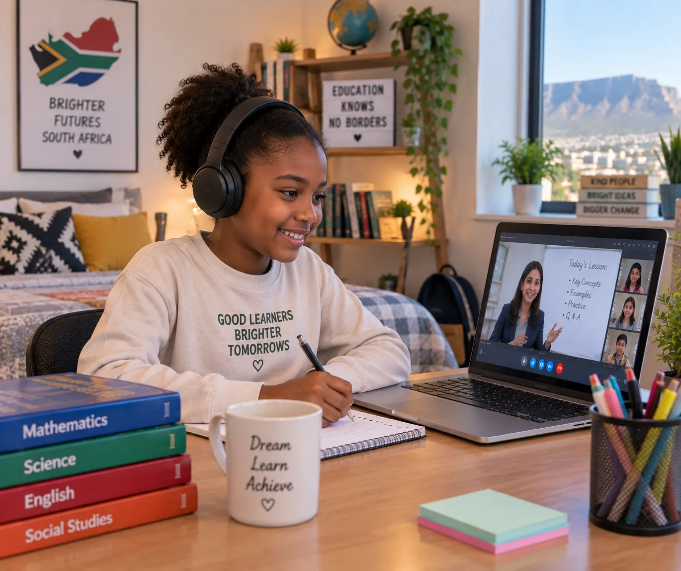 A student in South Africa attending a live online class from home, with Table Mountain visible through the window